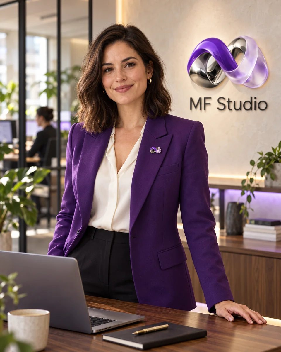 Визуализация: менеджер MF Studio в фиолетовом пиджаке